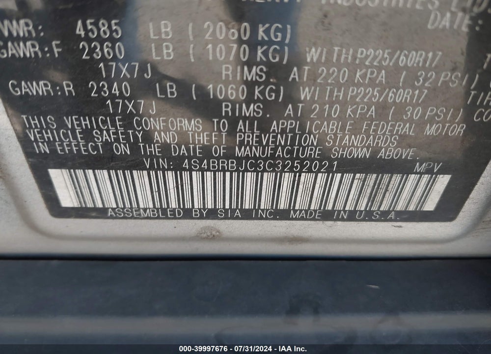 2012 SUBARU OUTBACK 2.5I LIMITED VIN: 4S4BRBJC3C3252021