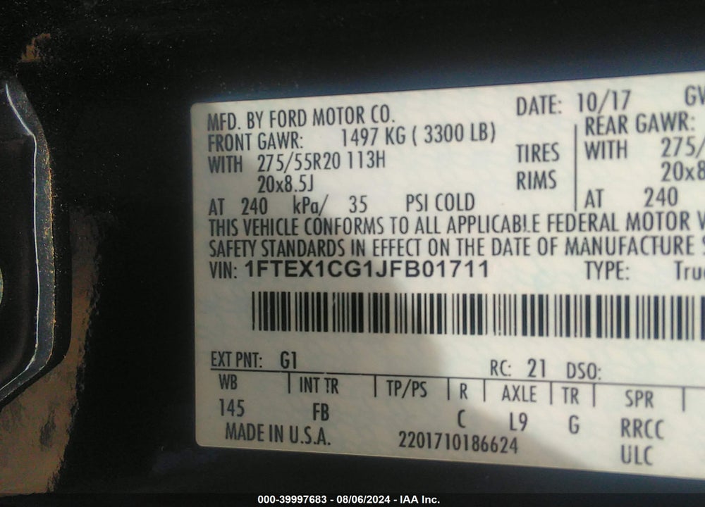 2018 FORD F-150 XLT VIN: 1FTEX1CG1JFB01711