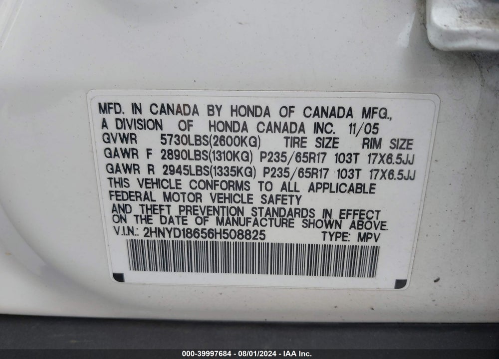 2006 ACURA MDX VIN: 2HNYD18656H508825