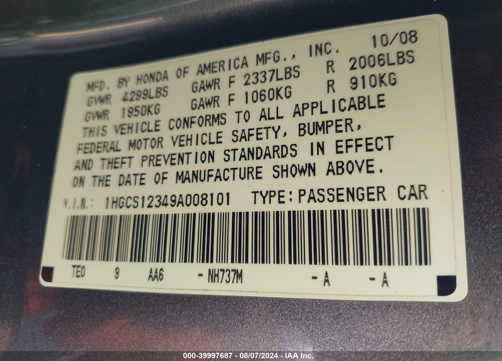 2009 HONDA ACCORD 2.4 LX-S VIN: 1HGCS12349A008101