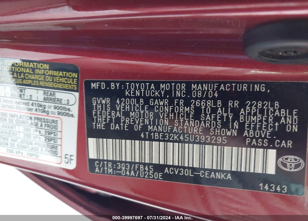 2005 TOYOTA CAMRY LE VIN: 4T1BE32K45U393295