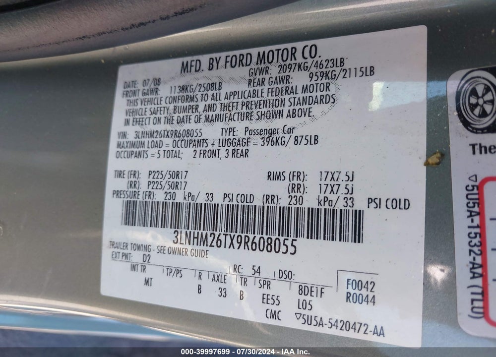2009 LINCOLN MKZ VIN: 3LNHM26TX9R608055