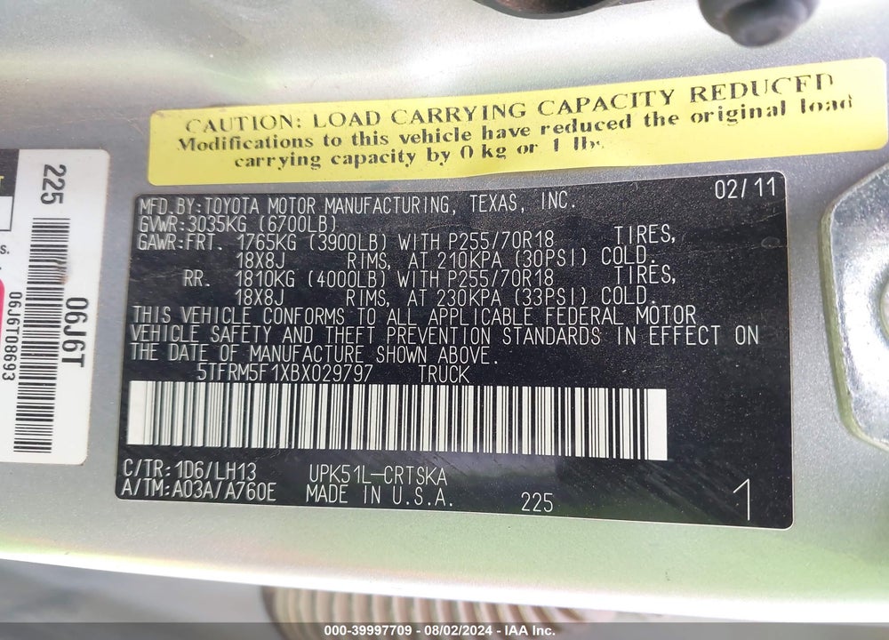 2011 TOYOTA TUNDRA GRADE 4.6L V8 VIN: 5TFRM5F1XBX029797