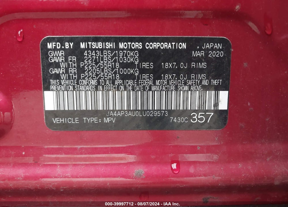 2020 MITSUBISHI OUTLANDER SPORT 2.0 ES VIN: JA4AP3AU0LU029573