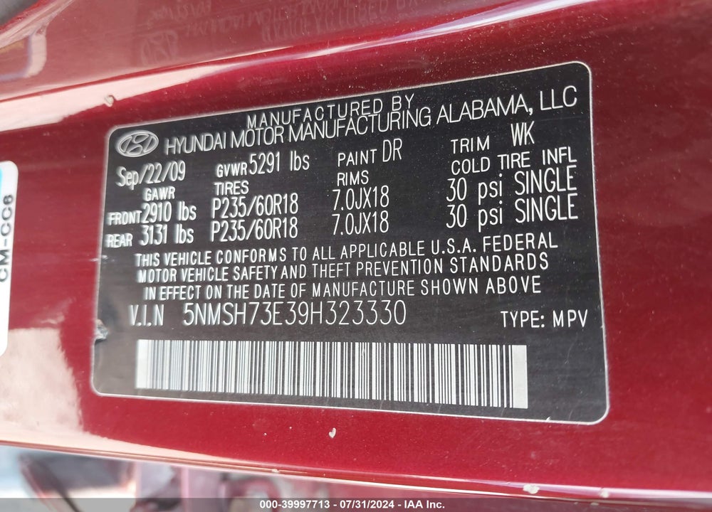 2009 HYUNDAI SANTA FE LIMITED VIN: 5NMSH73E39H323330