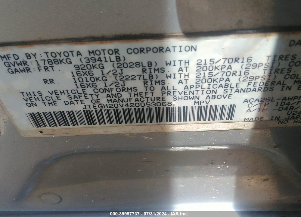 2002 TOYOTA RAV4 VIN: JTEGH20V420053068