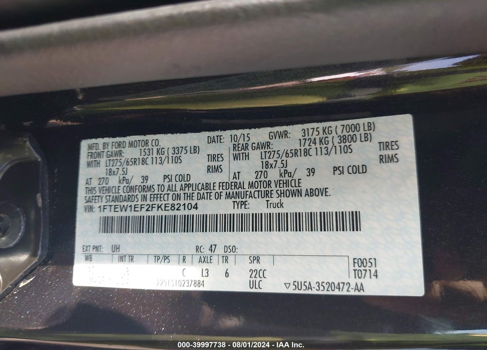 2015 FORD F-150 XLT VIN: 1FTEW1EF2FKE82104