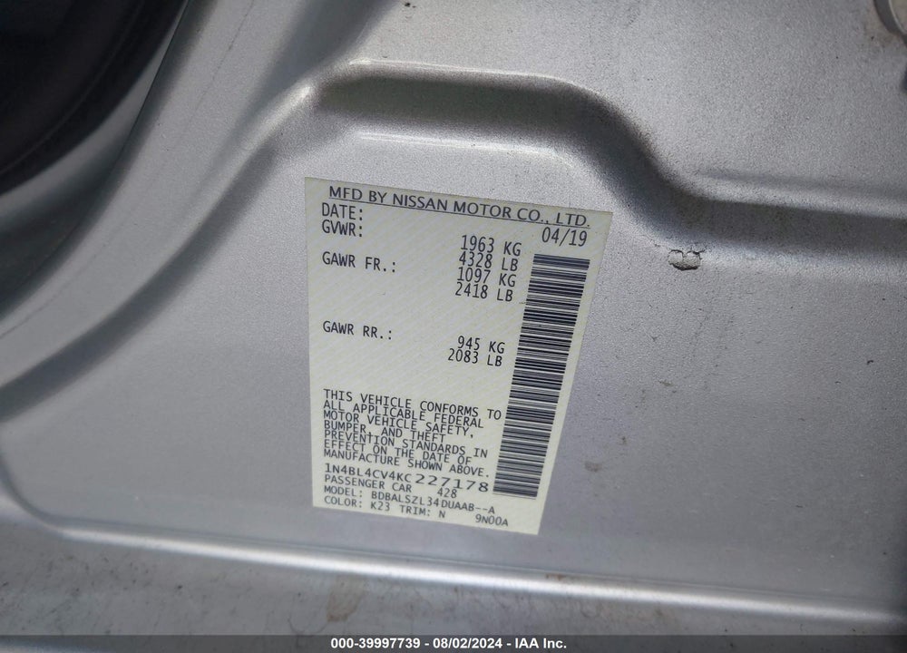 2019 NISSAN ALTIMA VIN: 1N4BL4CV4KC227178