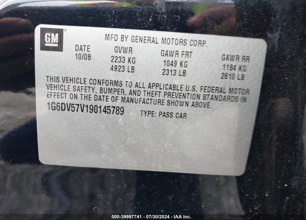 2009 CADILLAC CTS STANDARD VIN: 1G6DV57V190145789