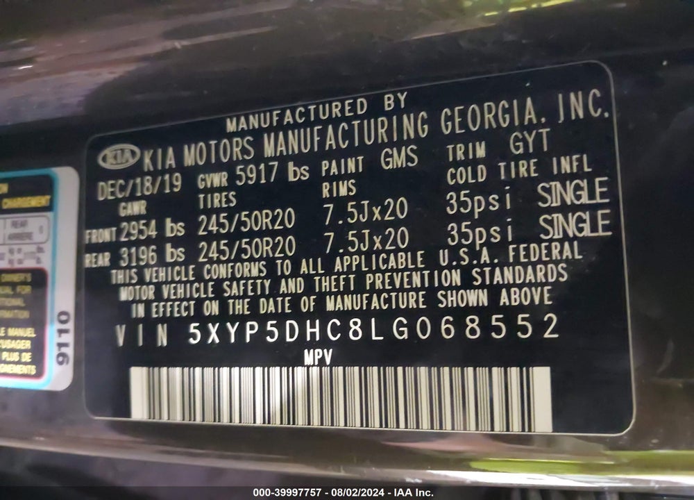 2020 KIA TELLURIDE SX VIN: 5XYP5DHC8LG068552