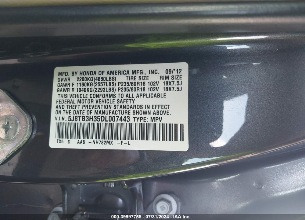 2013 ACURA RDX VIN: 5J8TB3H35DL007443