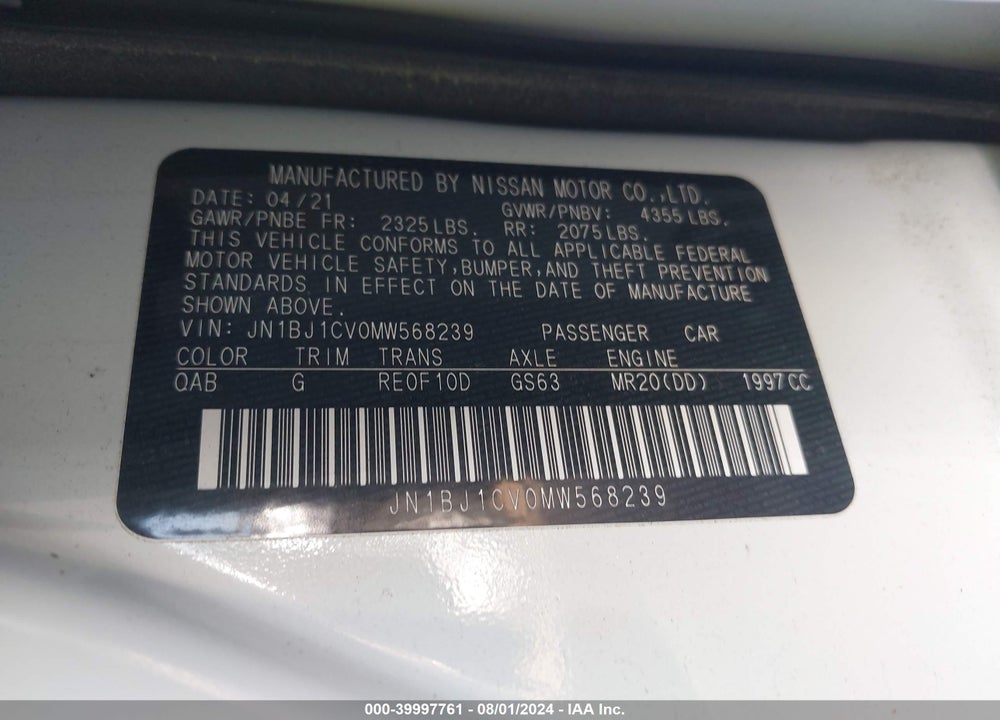 2021 NISSAN ROGUE SPORT SL FWD XTRONIC CVT VIN: JN1BJ1CV0MW568239
