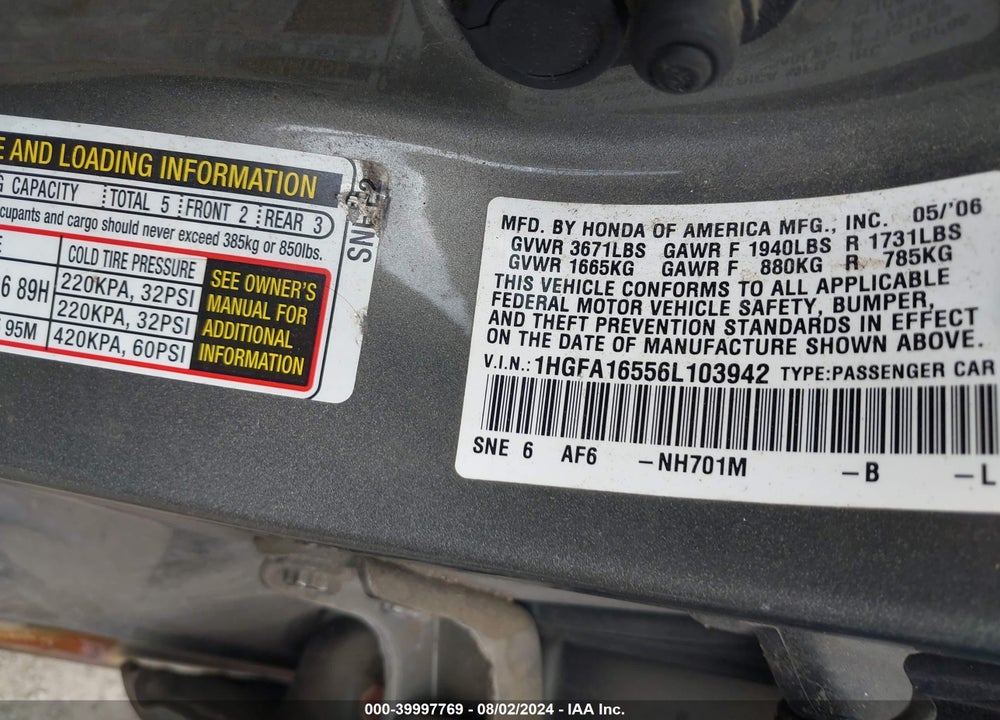 2006 HONDA CIVIC LX VIN: 1HGFA16556L103942