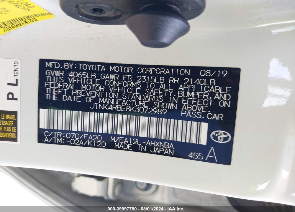 2019 TOYOTA COROLLA SE VIN: JTNK4RBE8K3072989