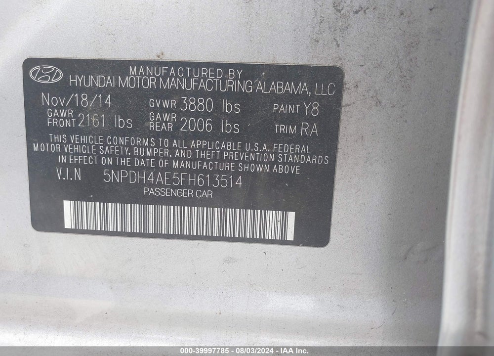2015 HYUNDAI ELANTRA SE VIN: 5NPDH4AE5FH613514