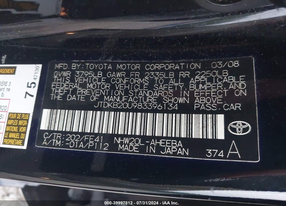 2008 TOYOTA PRIUS VIN: JTDKB20U983396134