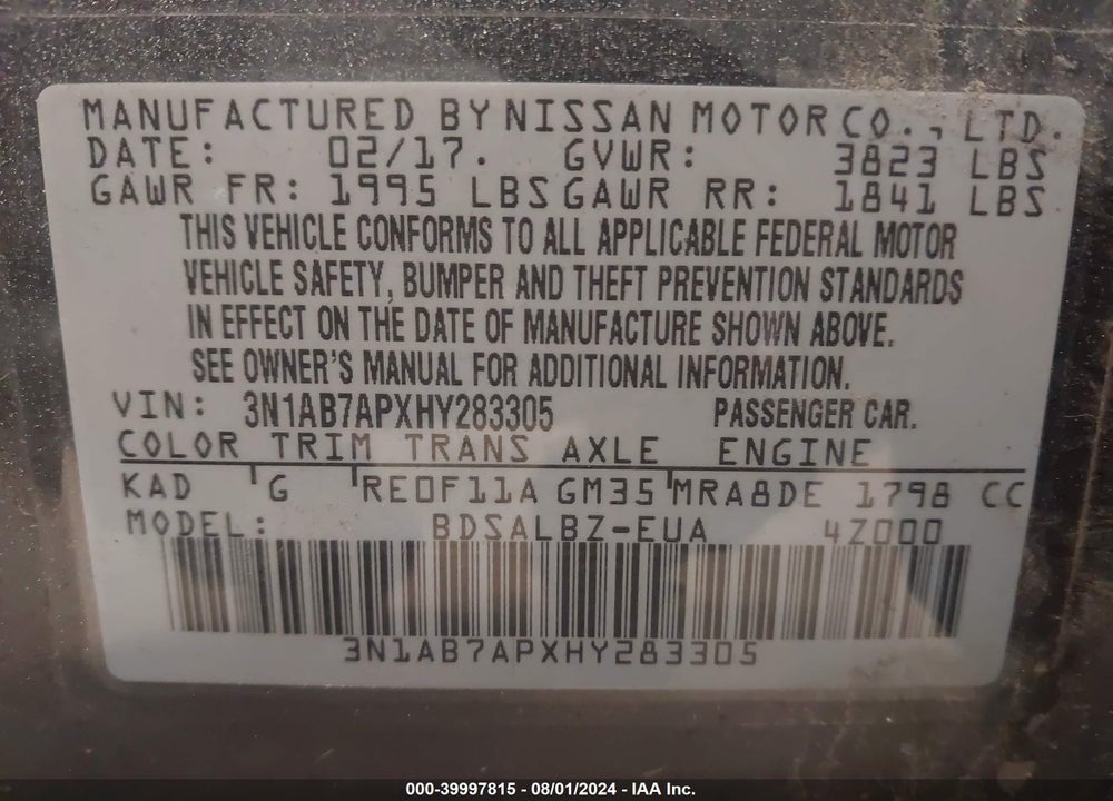 2017 NISSAN SENTRA S VIN: 3N1AB7APXHY283305