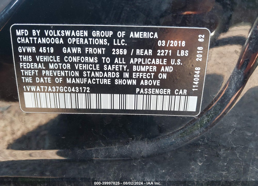 2016 VOLKSWAGEN PASSAT 1.8T S VIN: 1VWAT7A37GC043172