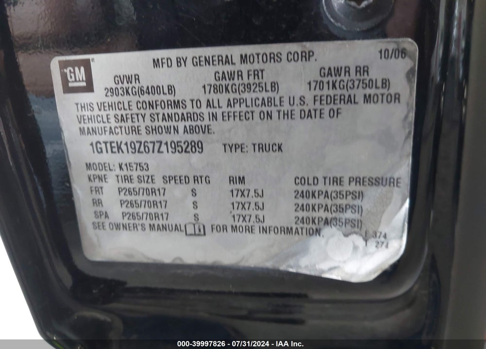 2007 GMC SIERRA 1500 CLASSIC SLE1 VIN: 1GTEK19Z67Z195289
