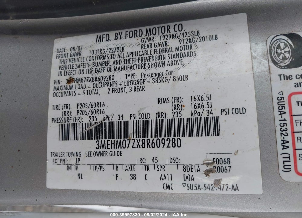 2008 MERCURY MILAN I4 VIN: 3MEHM07ZX8R609280