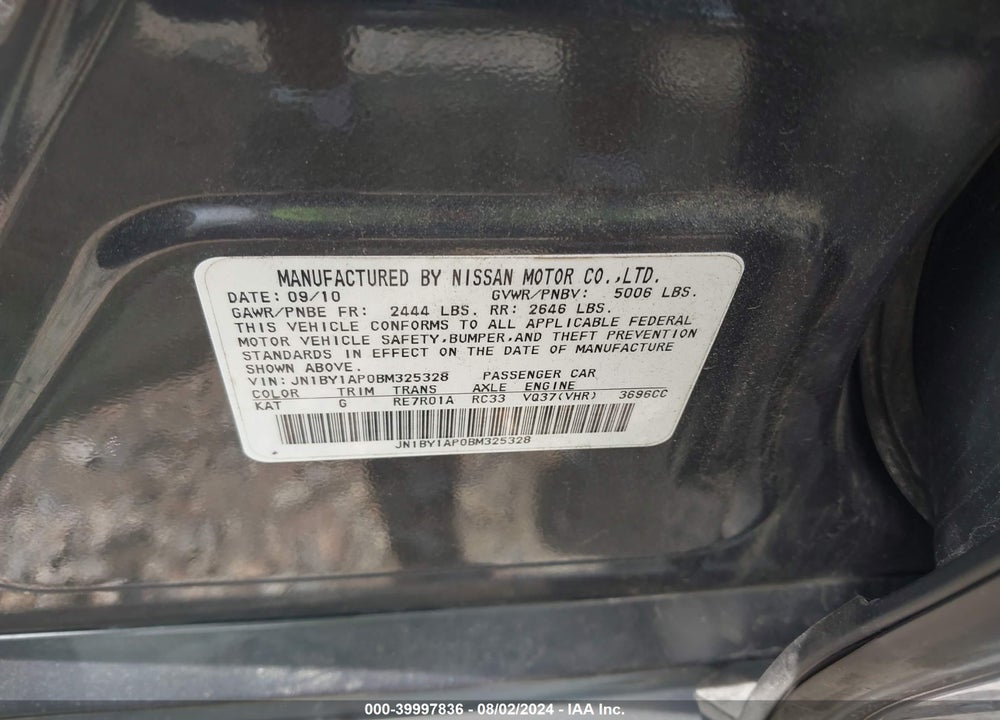2011 INFINITI M37 VIN: JN1BY1AP0BM325328