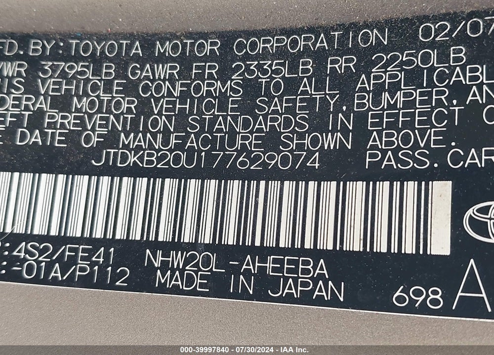 2007 TOYOTA PRIUS VIN: JTDKB20U177629074