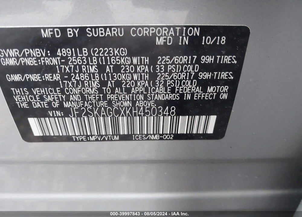 2019 SUBARU FORESTER PREMIUM VIN: JF2SKAGCXKH450348
