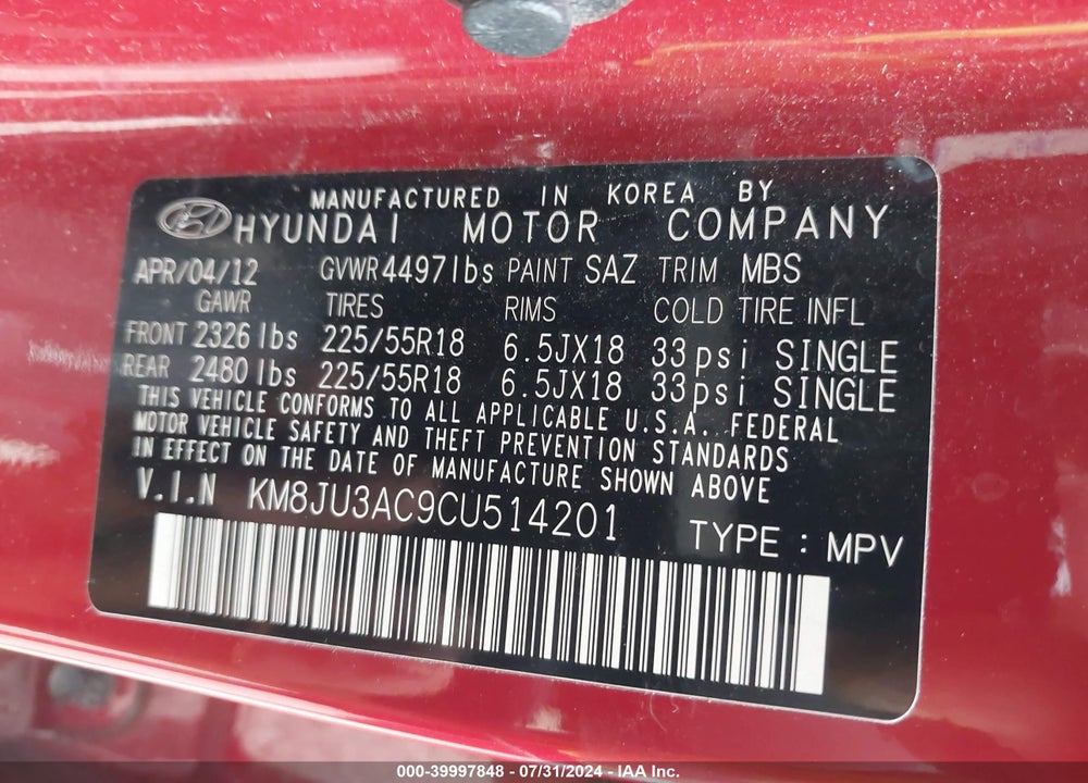 2012 HYUNDAI TUCSON LIMITED VIN: KM8JU3AC9CU514201
