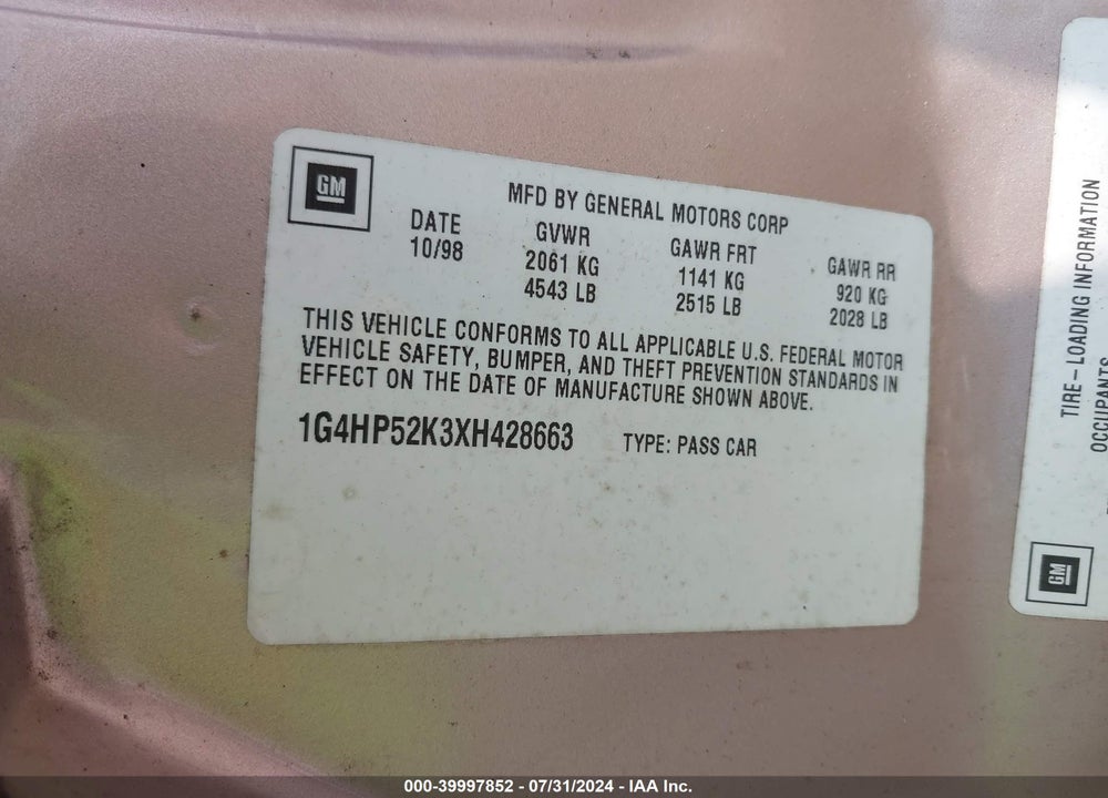 1999 BUICK LESABRE CUSTOM VIN: 1G4HP52K3XH428663