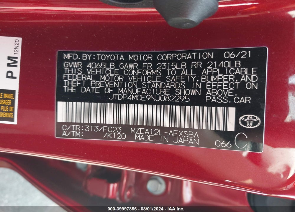 2022 TOYOTA COROLLA SE VIN: JTDP4MCE9NJ082295