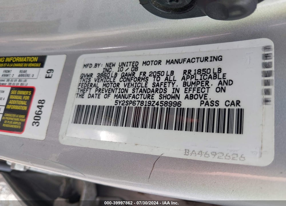 2009 PONTIAC VIBE VIN: 5Y2SP67819Z458996