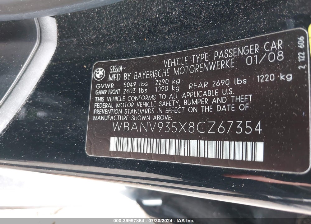 2008 BMW 535XI VIN: WBANV935X8CZ67354