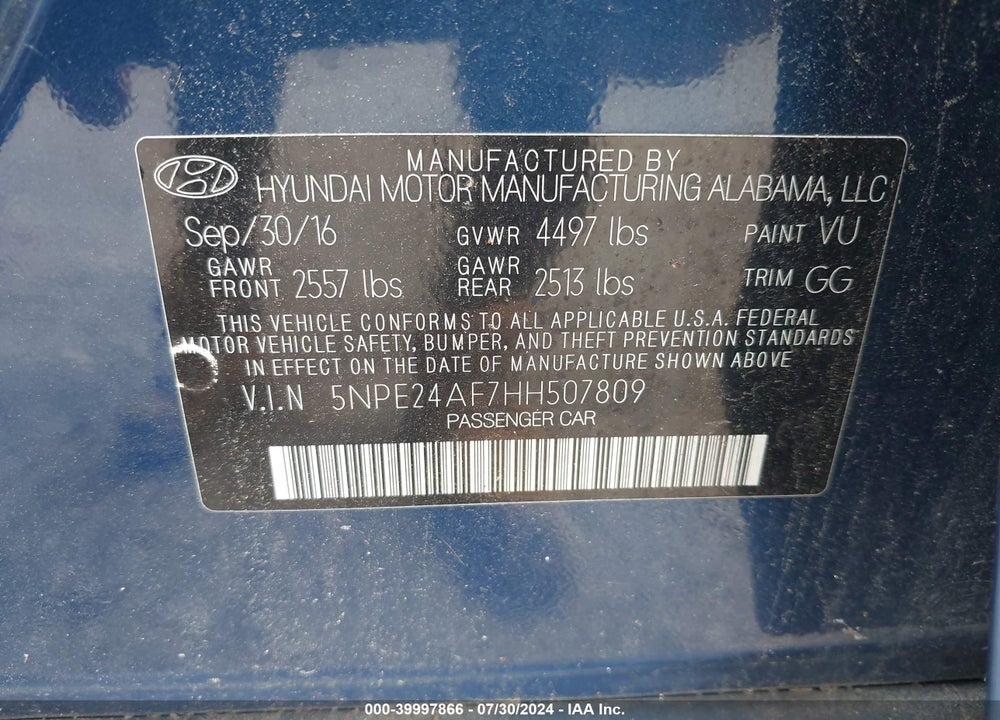 2017 HYUNDAI SONATA VIN: 5NPE24AF7HH507809