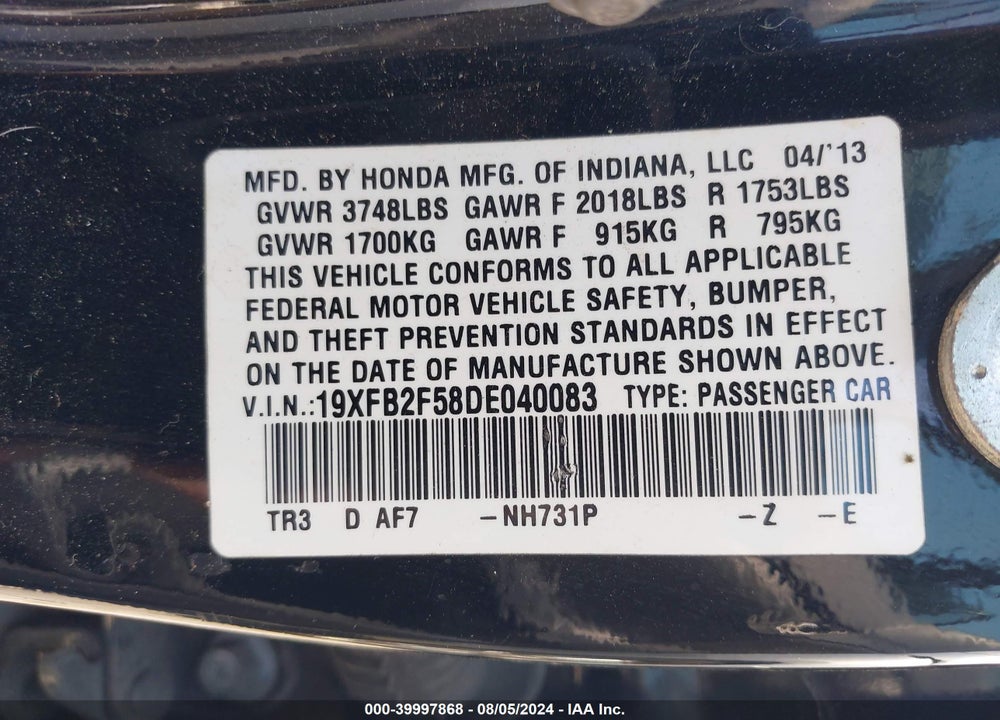 2013 HONDA CIVIC LX VIN: 19XFB2F58DE040083