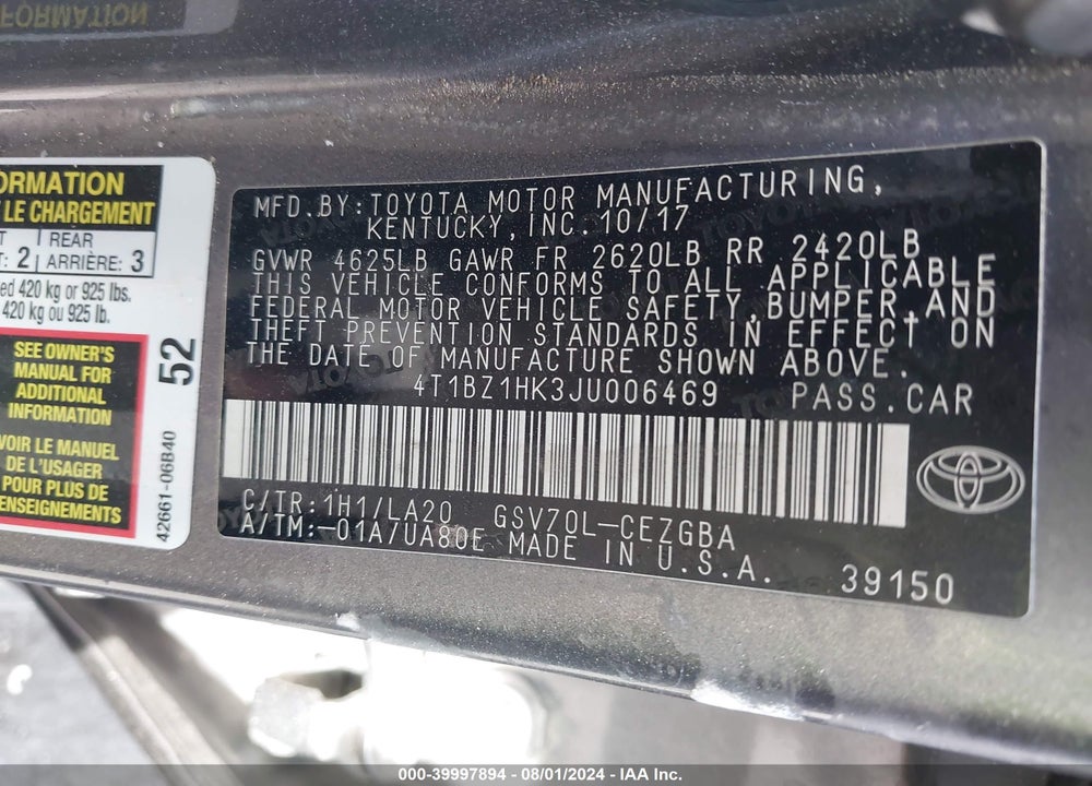 2018 TOYOTA CAMRY XLE V6 VIN: 4T1BZ1HK3JU006469