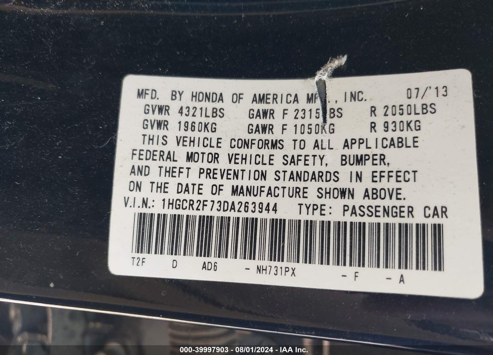 2013 HONDA ACCORD EX VIN: 1HGCR2F73DA263944