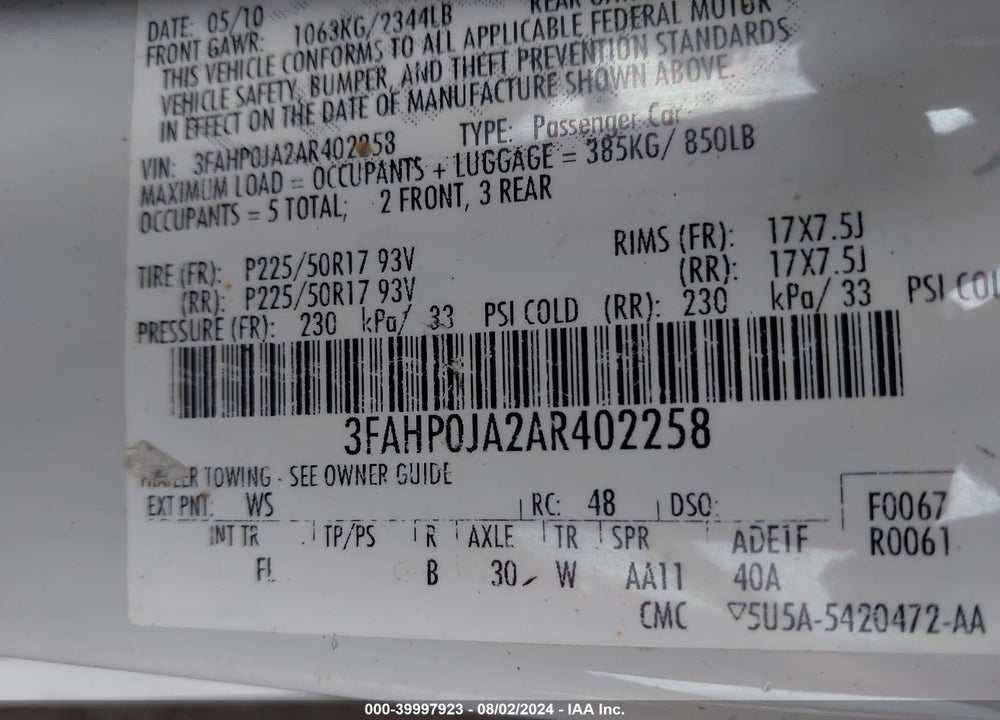 2010 FORD FUSION SEL VIN: 3FAHP0JA2AR402258