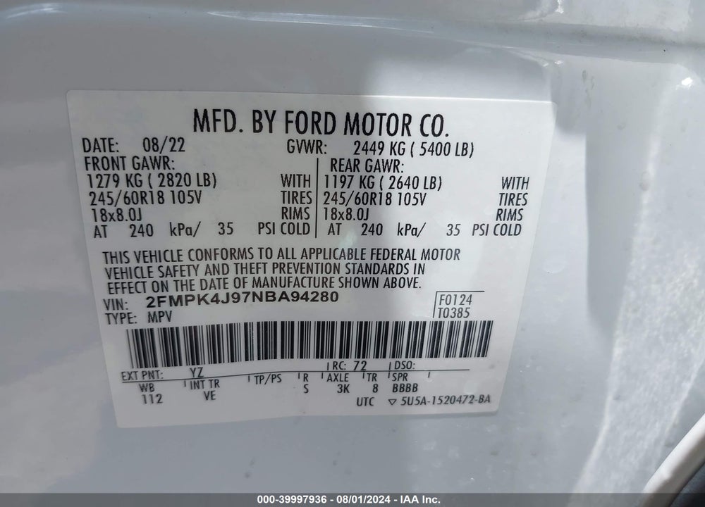2022 FORD EDGE SEL VIN: 2FMPK4J97NBA94280