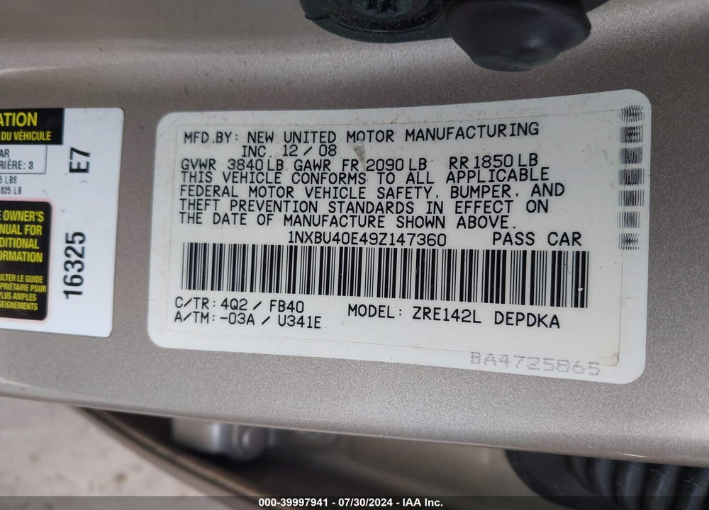 2009 TOYOTA COROLLA LE VIN: 1NXBU40E49Z147360