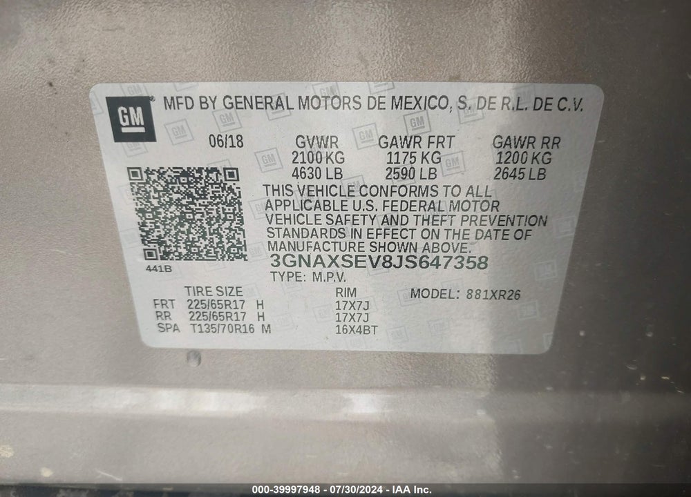 2018 CHEVROLET EQUINOX LT VIN: 3GNAXSEV8JS647358