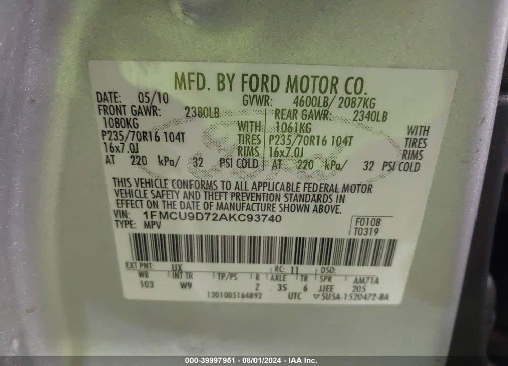 2010 FORD ESCAPE XLT VIN: 1FMCU9D72AKC93740
