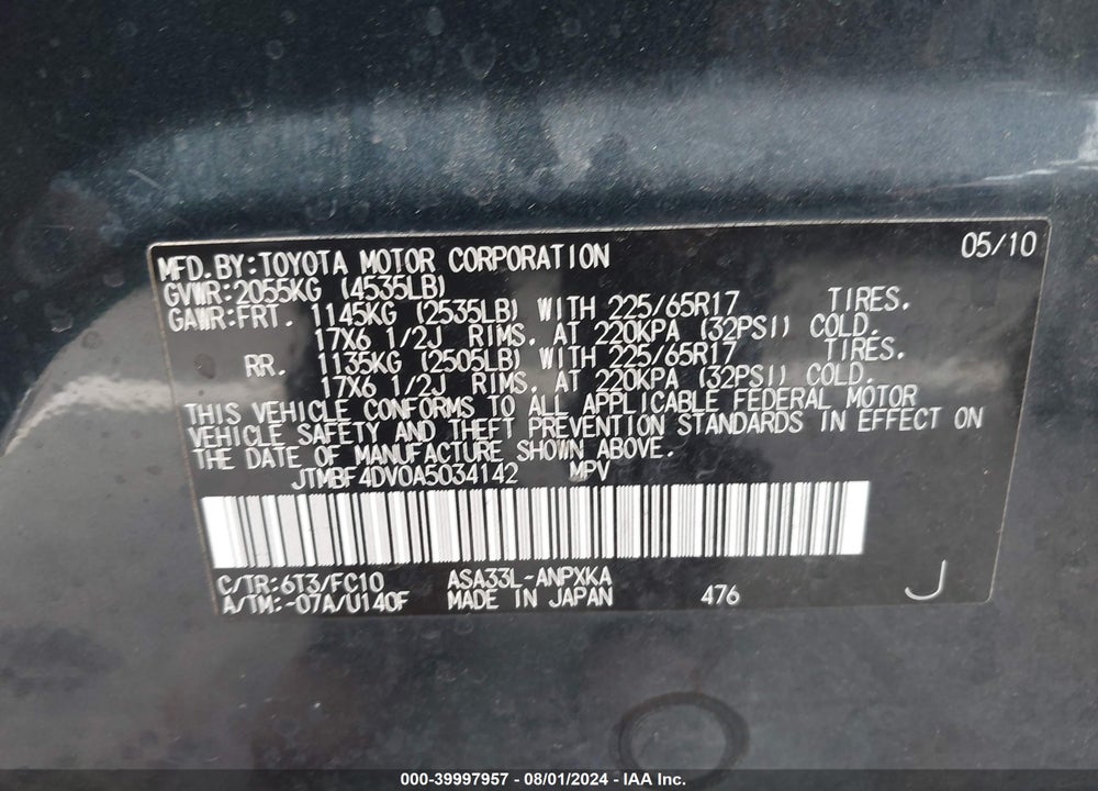 2010 TOYOTA RAV4 VIN: JTMBF4DV0A5034142
