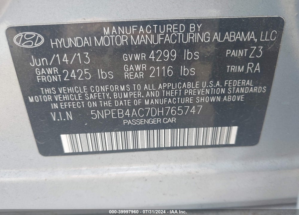 2013 HYUNDAI SONATA GLS VIN: 5NPEB4AC7DH765747