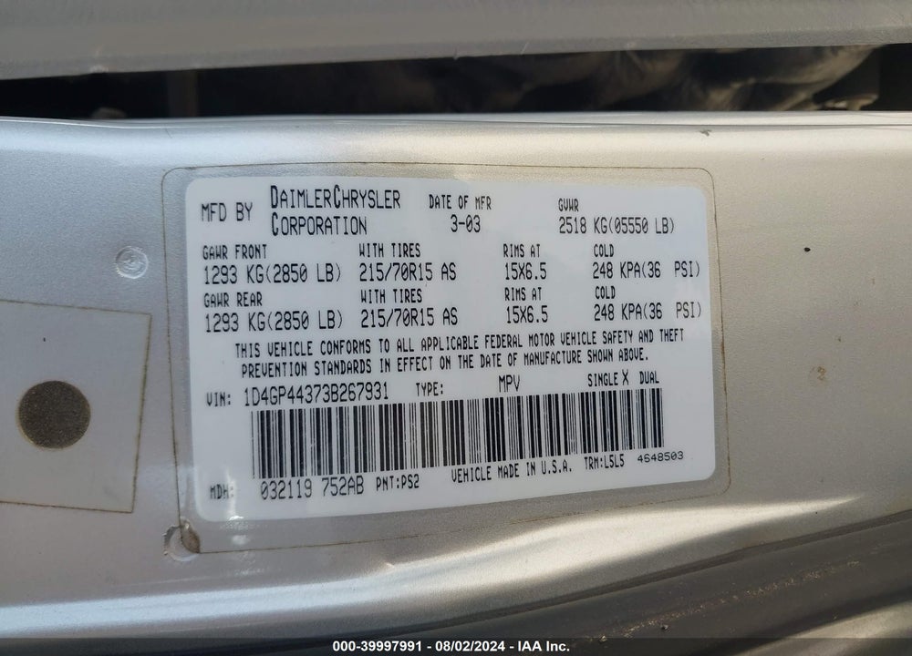 2003 DODGE GRAND CARAVAN SPORT VIN: 1D4GP44373B267931