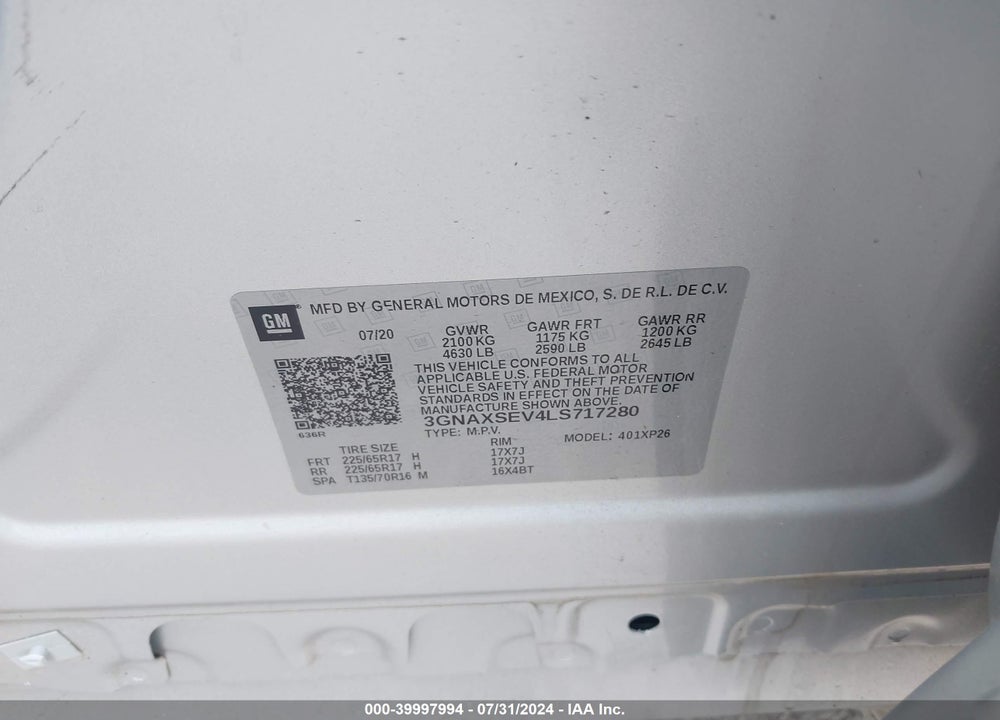 2020 CHEVROLET EQUINOX AWD LS VIN: 3GNAXSEV4LS717280