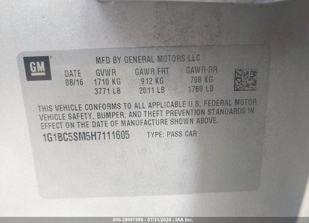 2017 CHEVROLET CRUZE LS AUTO VIN: 1G1BC5SM5H7111605