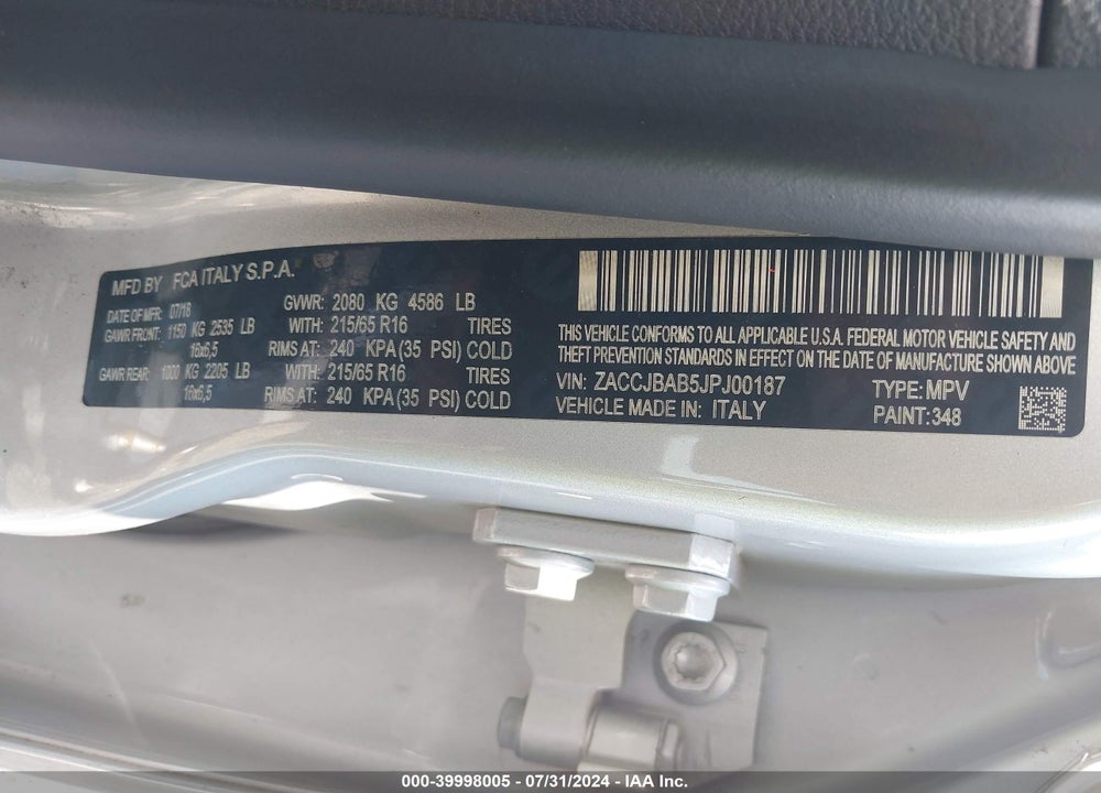 2018 JEEP RENEGADE SPORT 4X4 VIN: ZACCJBAB5JPJ00187