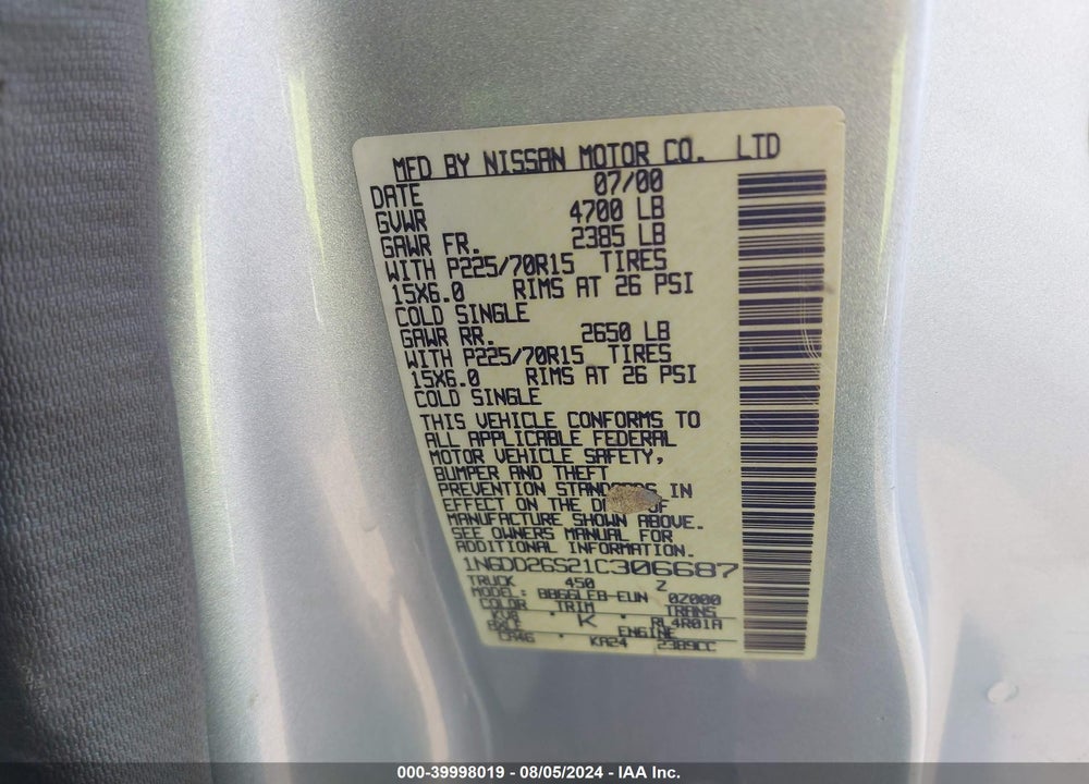 2001 NISSAN FRONTIER XE VIN: 1N6DD26S21C306687