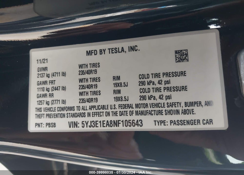 2022 TESLA MODEL 3 REAR-WHEEL DRIVE VIN: 5YJ3E1EA8NF105643