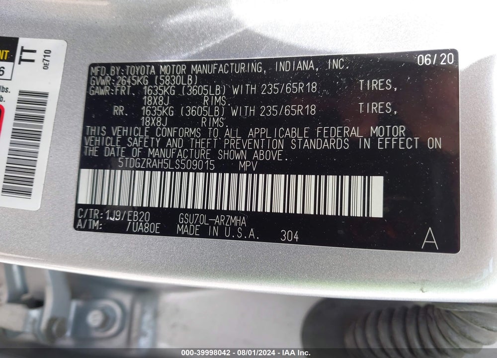 2020 TOYOTA HIGHLANDER XLE VIN: 5TDGZRAH5LS509015